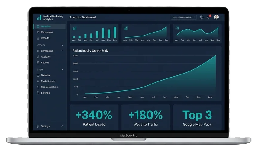 Marketing analytics dashboard on a laptop showing +340% patient leads, +180% website traffic, top 3 Google Map Pack