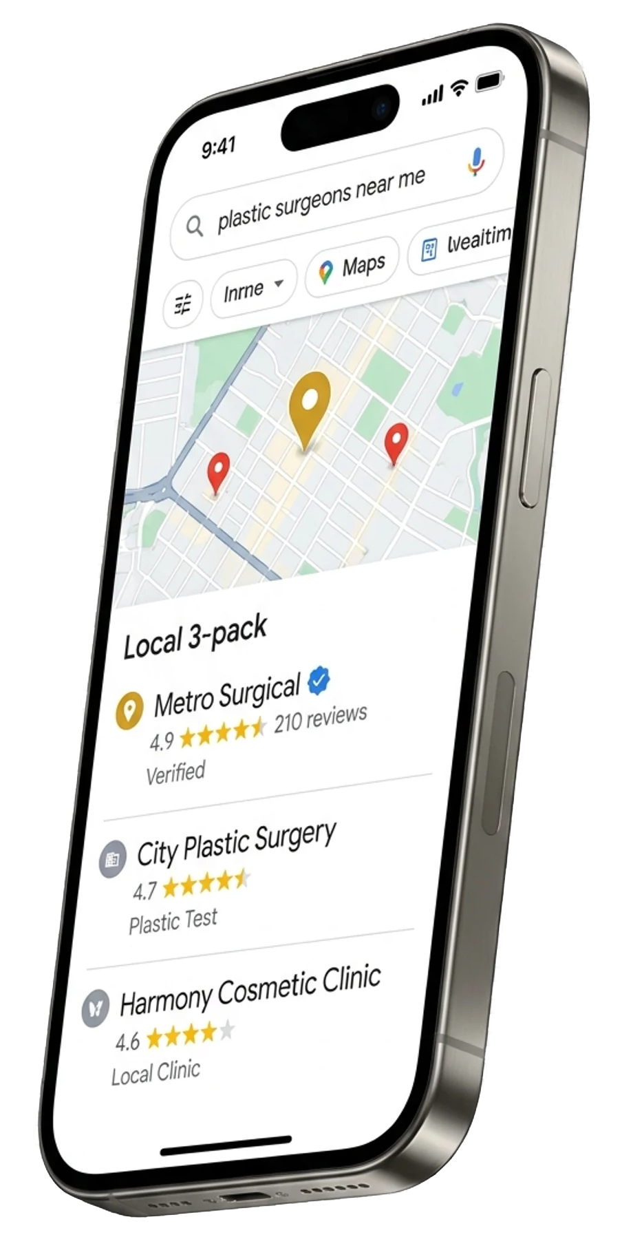 iPhone showing a Google Maps 3-pack for 'plastic surgeons near me', the real estate that defines local discovery