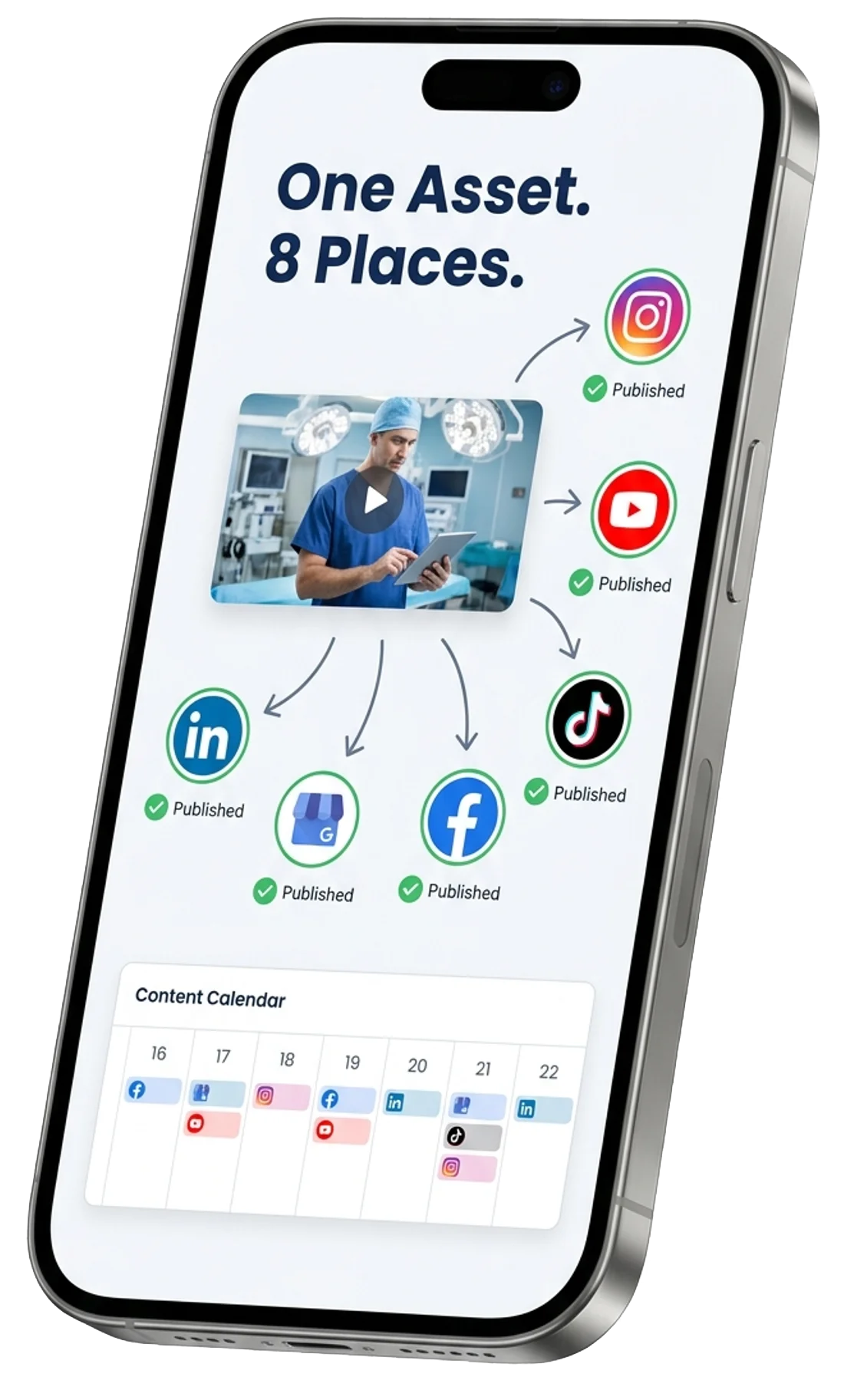Phone showing 'One Asset. 8 Places.' content distribution, what proper deployment looks like across YouTube, IG, TikTok, Facebook, LinkedIn