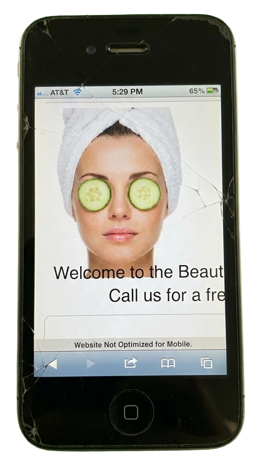 A cracked old iPhone showing a non-responsive practice website with text cut off, 'Welcome to the Beaut…' 'Call us for a fre…', and a 'Website Not Optimized for Mobile' warning at the bottom