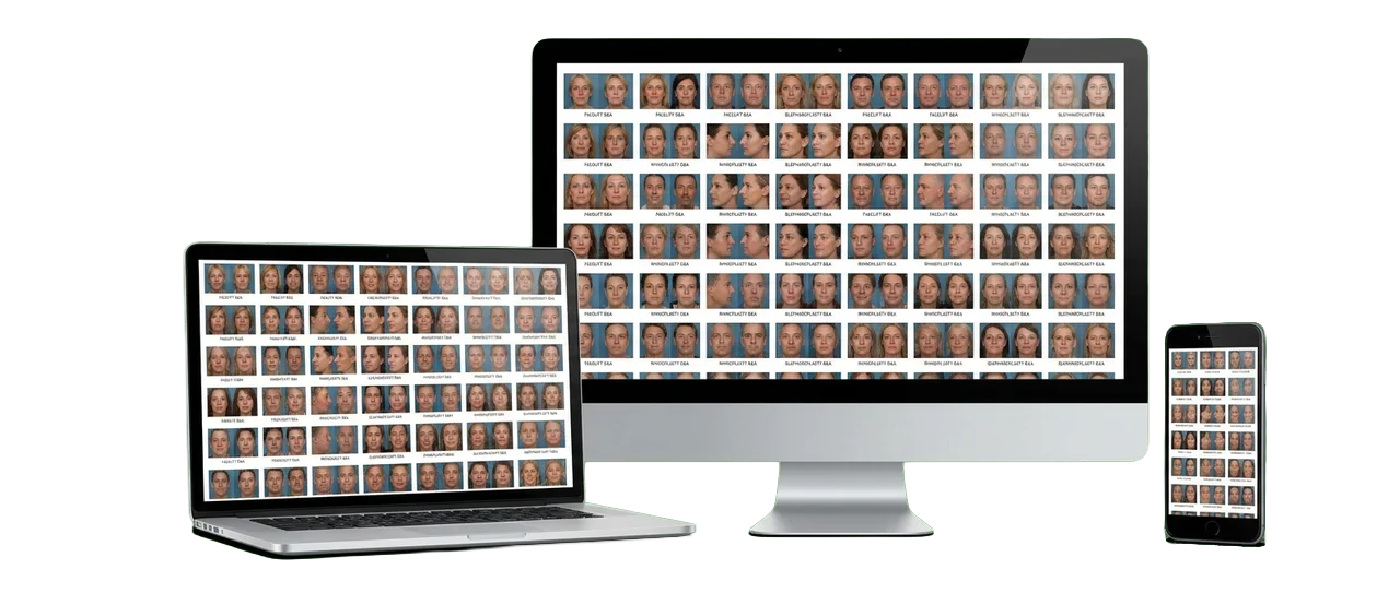 A before-and-after gallery deployed across laptop, desktop, and phone, what an activated asset library looks like in the wild