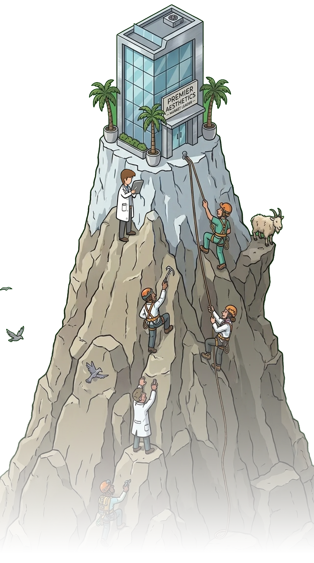 Illustrated mountain with the market-leader's practice 'Premier Aesthetics' perched at the summit while climbers, surgeons and rivals, work their way up the slopes toward it