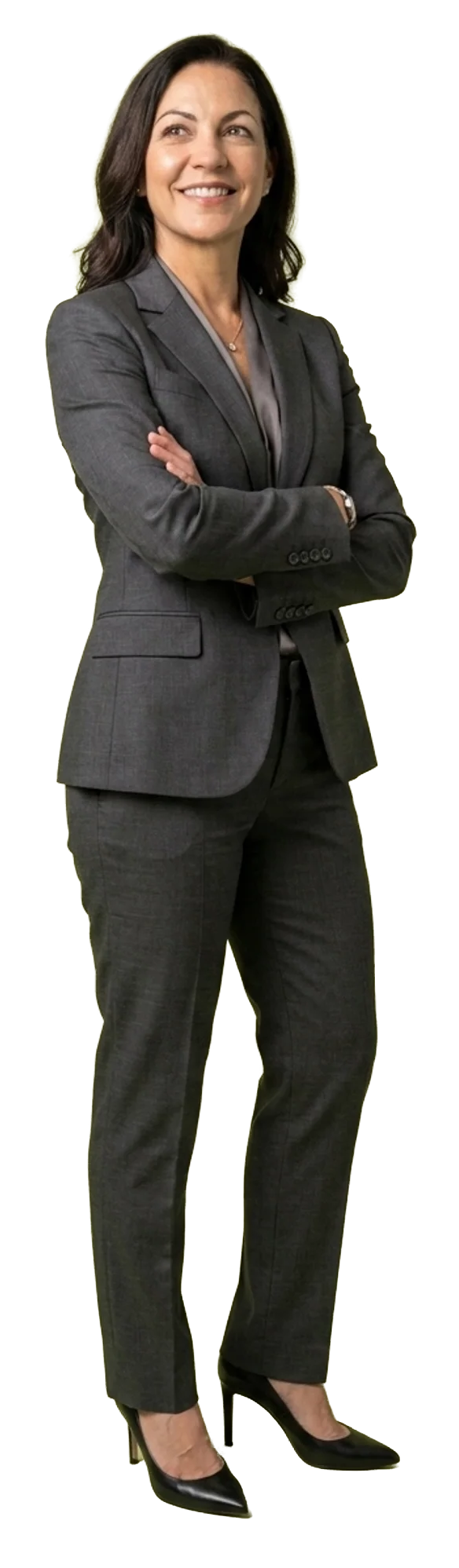 Female plastic surgeon standing confidently in a gray pinstripe suit, arms crossed, the surgeon her patient base is looking for