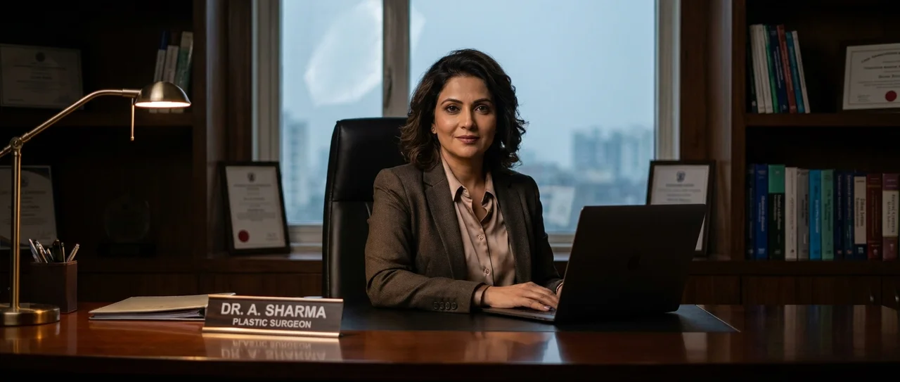 Dr. A. Sharma, plastic surgeon, sitting at her desk in a softly lit office with framed credentials, books, and a city view behind her, editorial-quality authority imagery