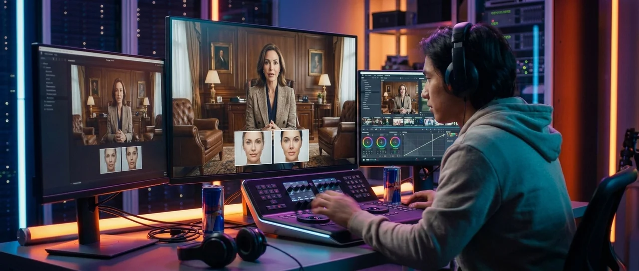 An MAA editor at a color-grading desk, multiple monitors showing the surgeon's raw video being polished, production layer added without changing the voice