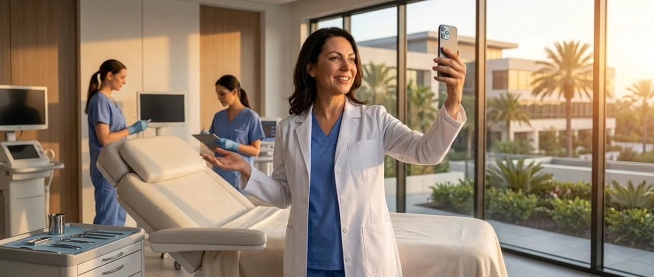 A female plastic surgeon in a white coat capturing a phone-shot moment in a beautifully designed exam room, her female team working in the background, the raw material that becomes voice-aligned content on every platform