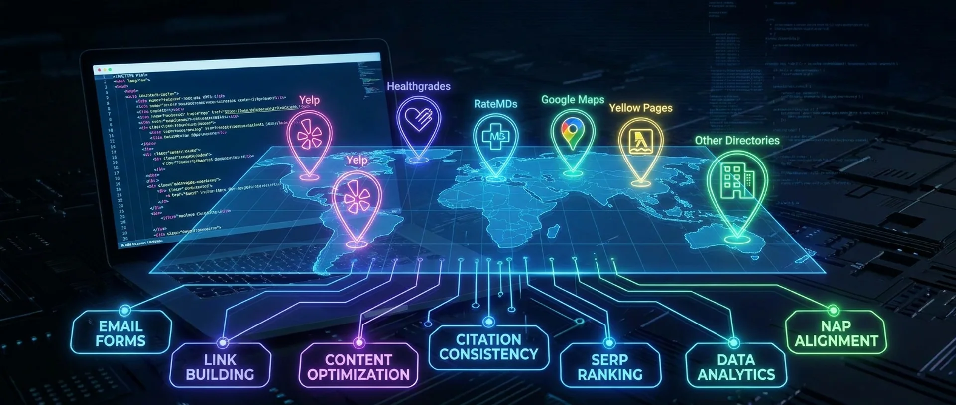 A wide holographic projection of a world map with directory pins (Yelp, Healthgrades, RateMDs, Google Maps, Yellow Pages, others) and labels for email forms, link building, content optimization, citation consistency, ranking, data, and name/address/phone alignment, the defensive marketing work that holds it all together