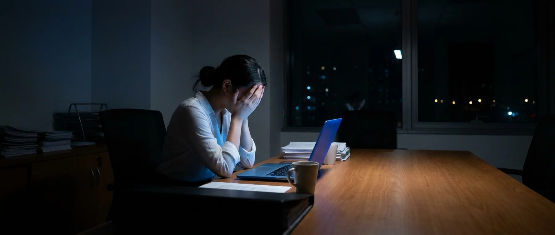 A marketing director alone at her desk late at night, head in hands, laptop glow on her face, stacks of papers and a coffee mug, what 'agency hands you a dashboard and disappears' actually looks like at 9pm