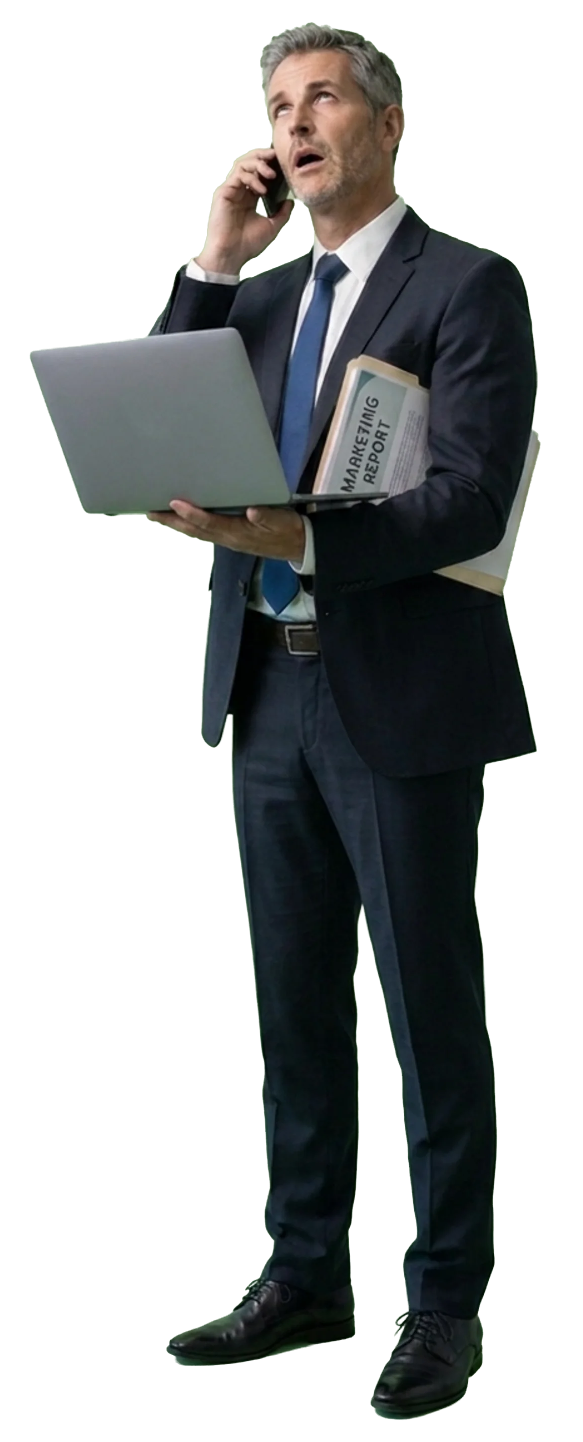 Marketing director in a suit holding a laptop, phone to ear, marketing report binder under his arm, pulled in three directions by stakeholders all looking at him for answers