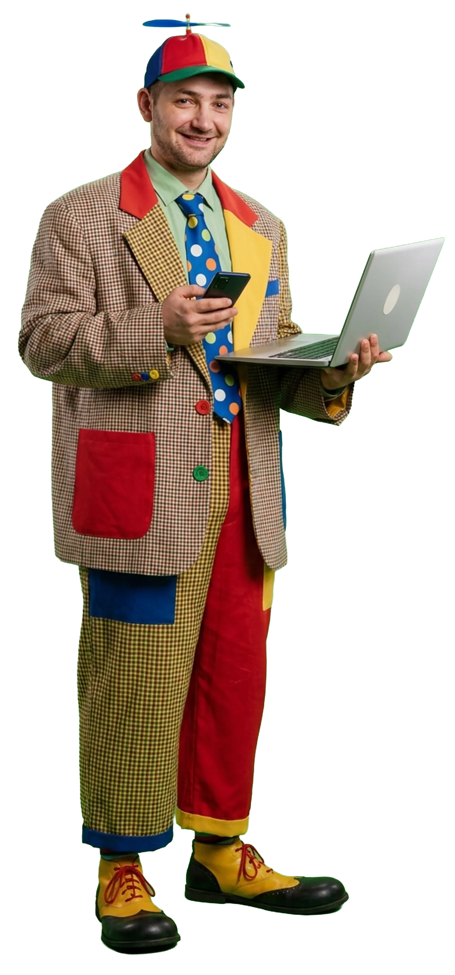 A clown in a propeller hat and mismatched outfit holding a laptop and phone, visual metaphor for the chaotic mix of marketing vendors the role usually inherits