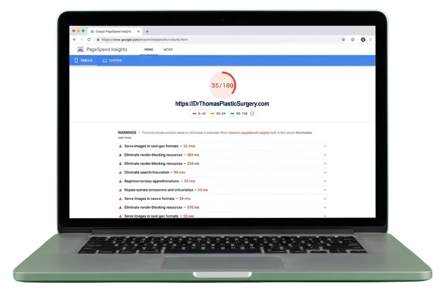 Google PageSpeed Insights laptop showing a failing 35/100 performance score with a long list of warnings, what Google sees on most practice sites
