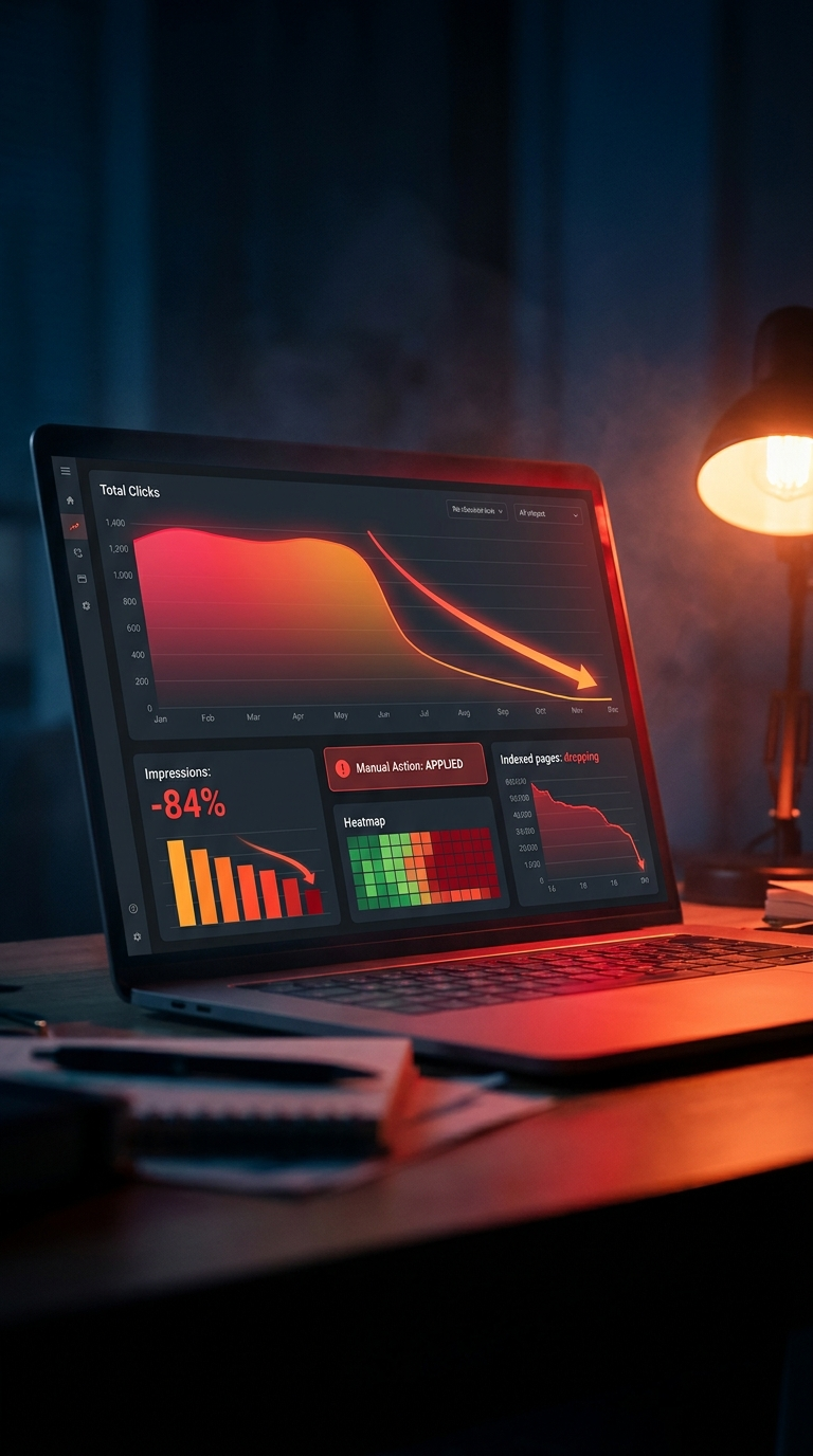 Search Console-style analytics dashboard glowing red and orange on a laptop in a dim office, clicks line graph plunging off a cliff, impressions down 84%, manual action applied, rankings heatmap turning red. The moment the doctor sees how bad it is.