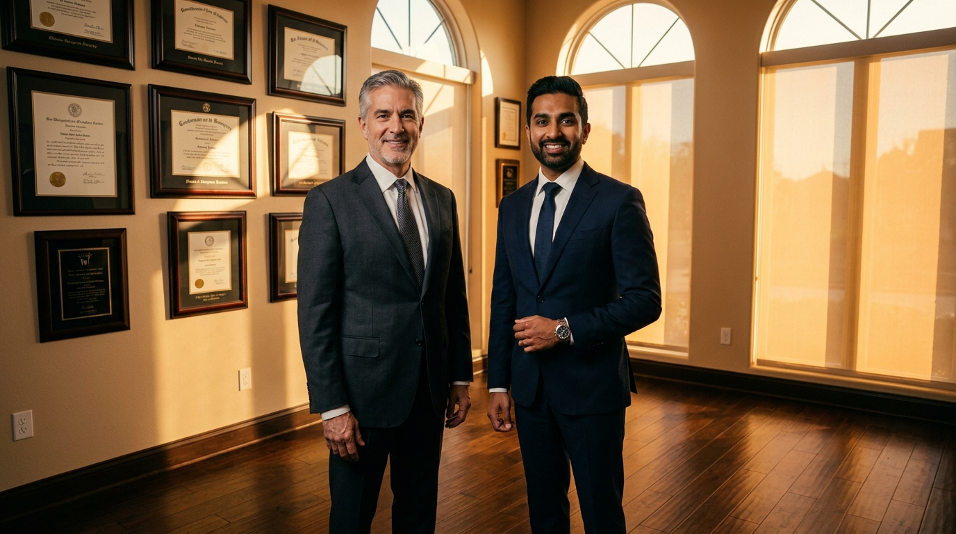 Senior surgeon of European descent in a charcoal suit standing beside a younger Indian-American surgeon in navy in front of a credential wall at golden hour, the moment of handoff from one generation to the next