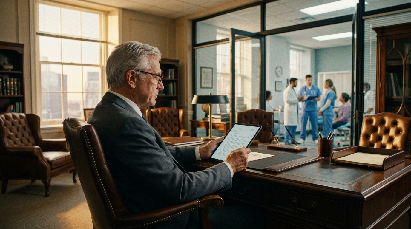 Senior surgeon in a charcoal suit and reading glasses at an executive desk in a sunlit office, calmly reviewing reports on a tablet. Through the glass doorway, the active practice runs in soft focus, the role evolved from operator to oversight.