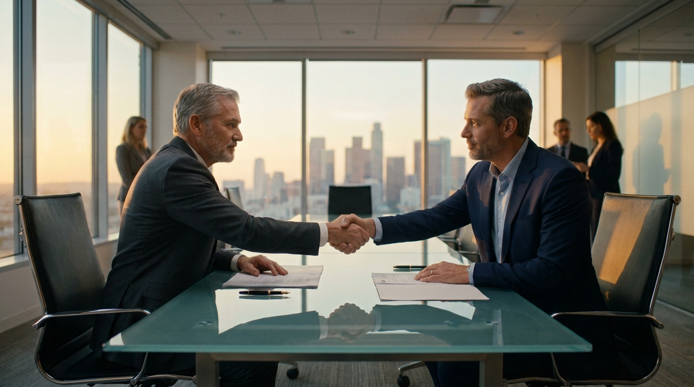 A surgeon in a charcoal suit shaking hands with a private-equity buyer across a glass boardroom table at golden hour, signed documents and a fountain pen between them, downtown skyline in soft focus behind. The moment a deal closes calmly.