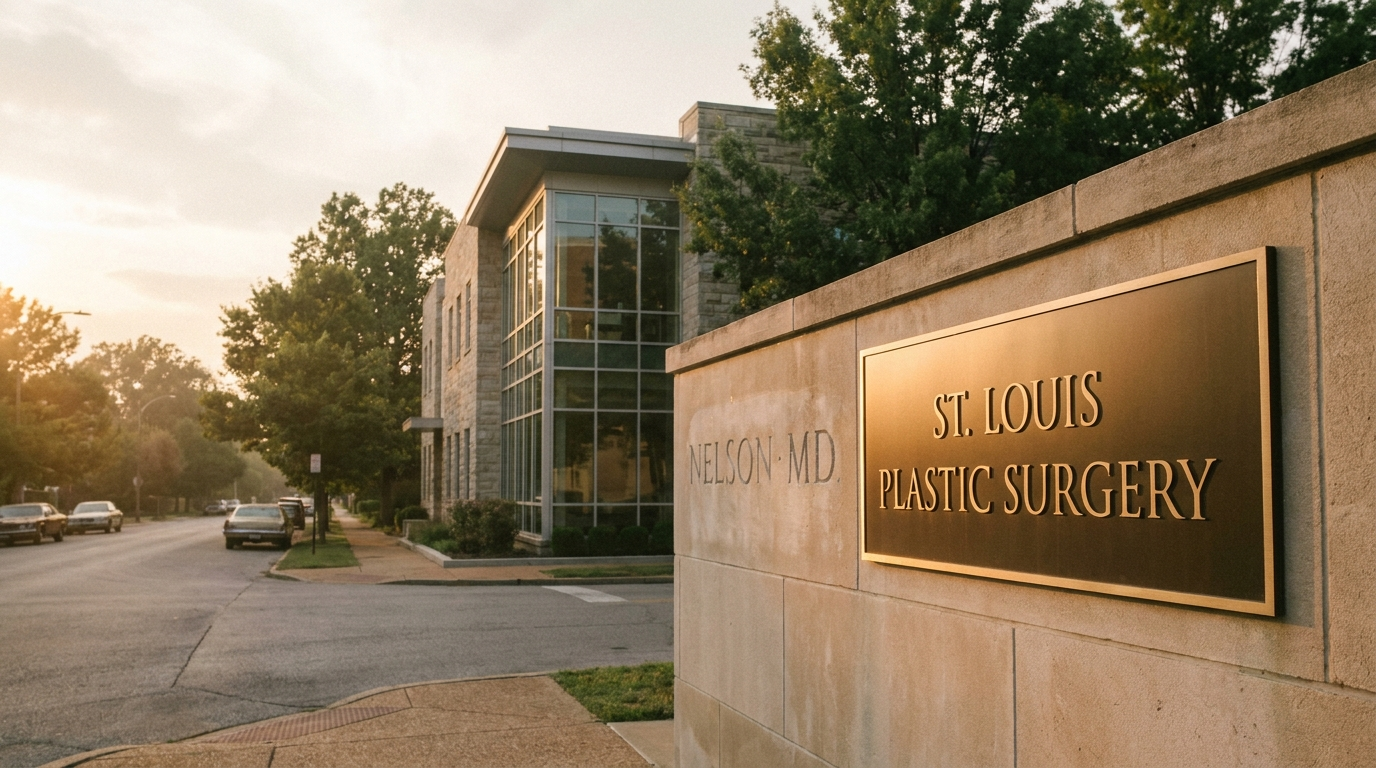 Modern brushed-bronze practice sign reading 'ST. LOUIS PLASTIC SURGERY' on a limestone facade at golden hour, faintly ghosted older 'NELSON MD' lettering behind it, the transition implied rather than announced