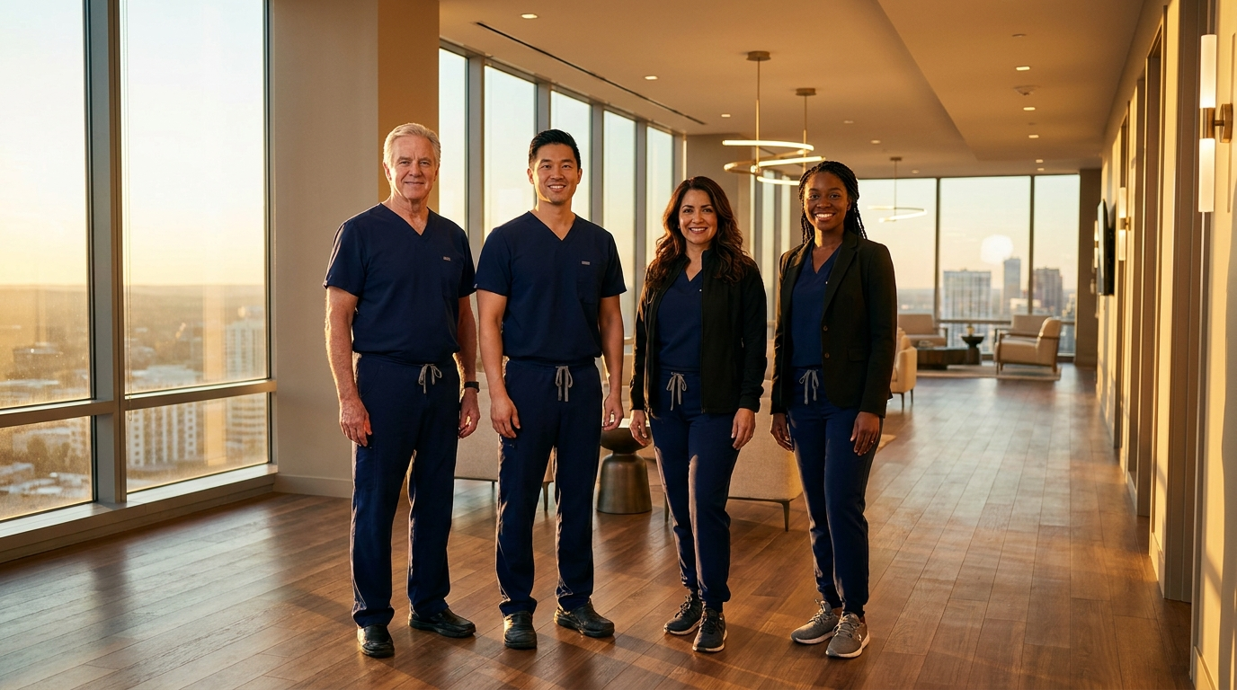 A diverse team of four professionals (senior surgeon, Asian-American associate surgeon, Latina nurse practitioner, Black aesthetician) standing shoulder-to-shoulder in a sunlit upscale practice at golden hour. The practice that's bigger than one person.
