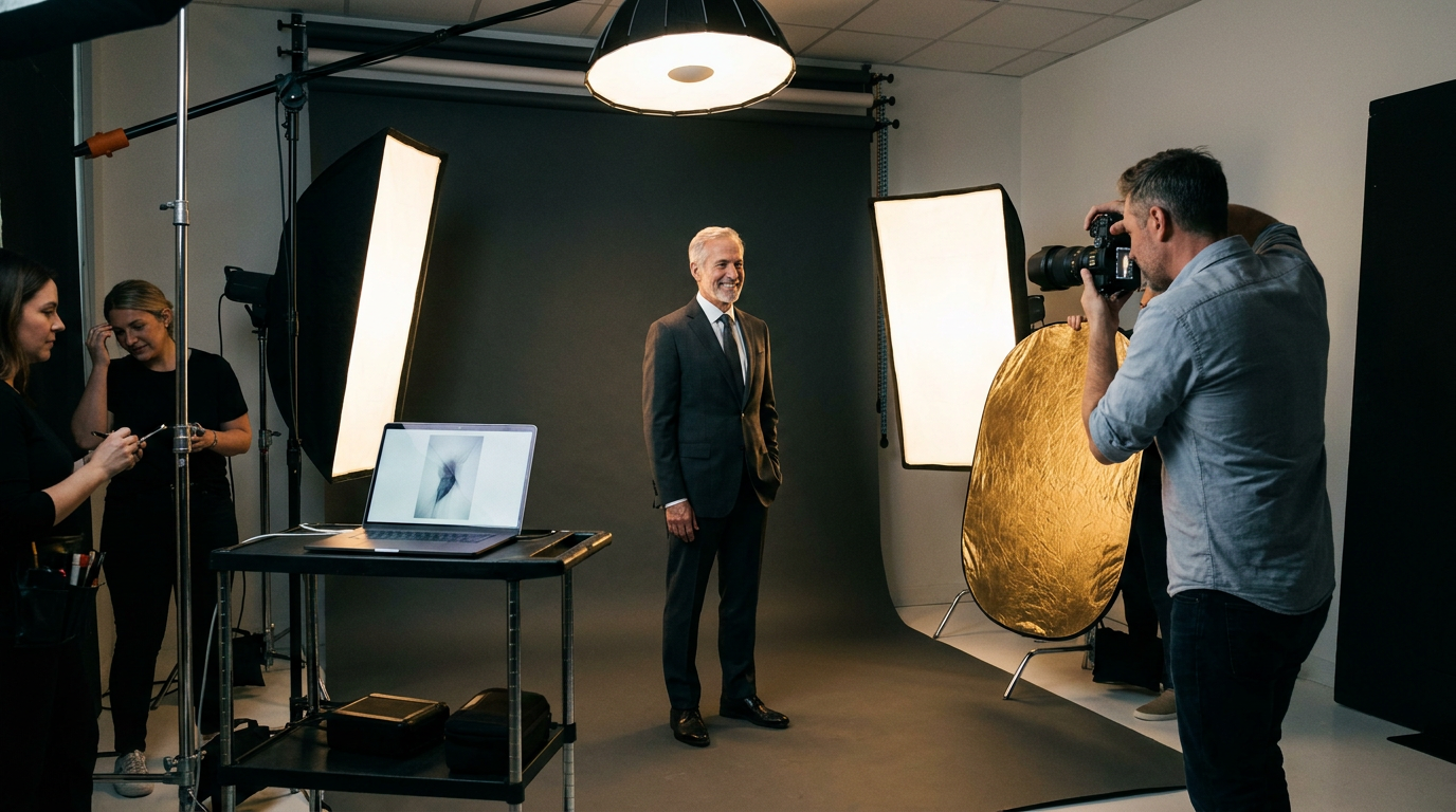 A distinguished surgeon being photographed in a magazine-quality portrait studio with professional lighting