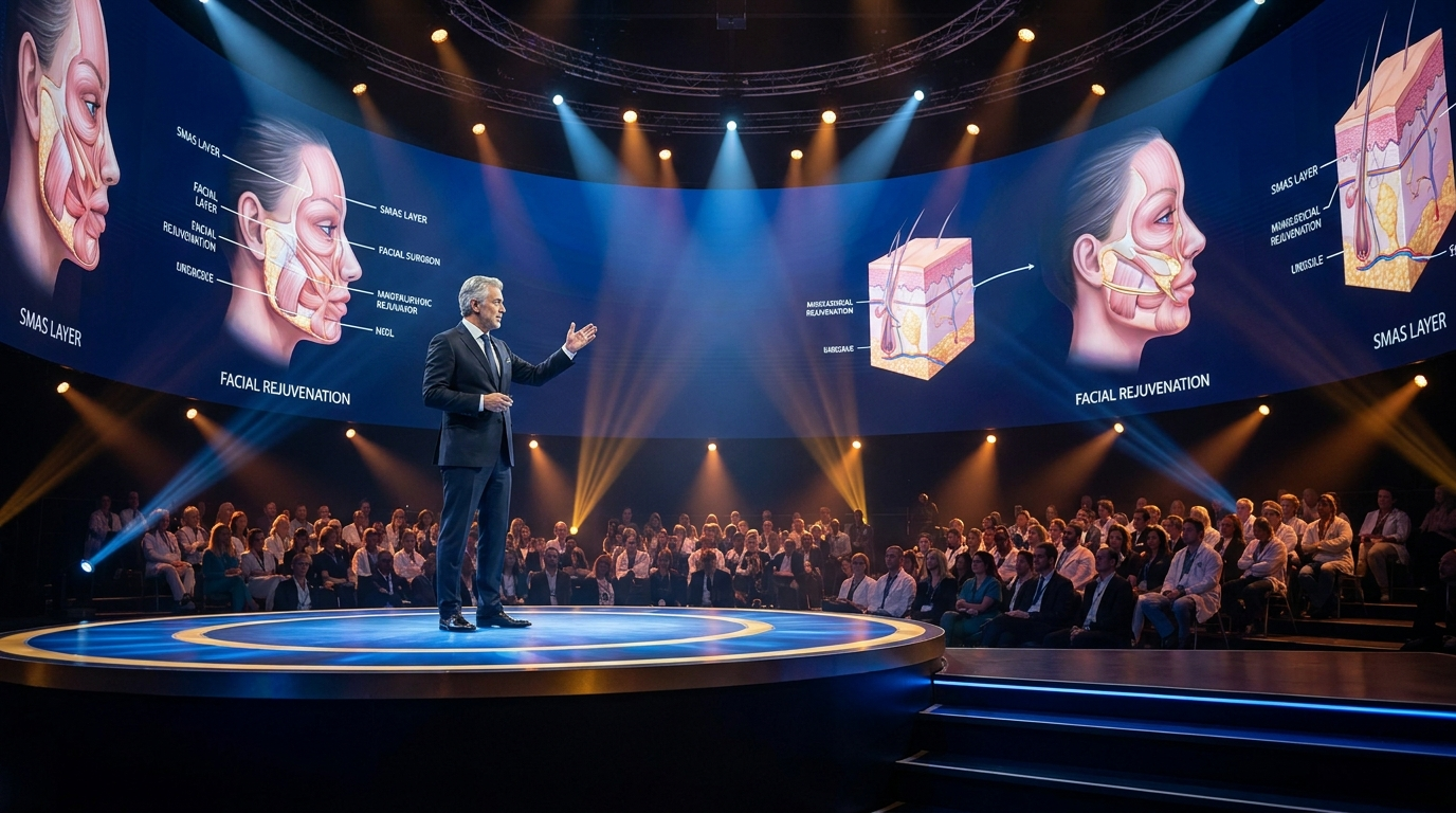 A distinguished plastic surgeon mid-keynote at a major medical conference, gesturing toward a giant illuminated screen showing facial rejuvenation anatomy and facelift diagrams