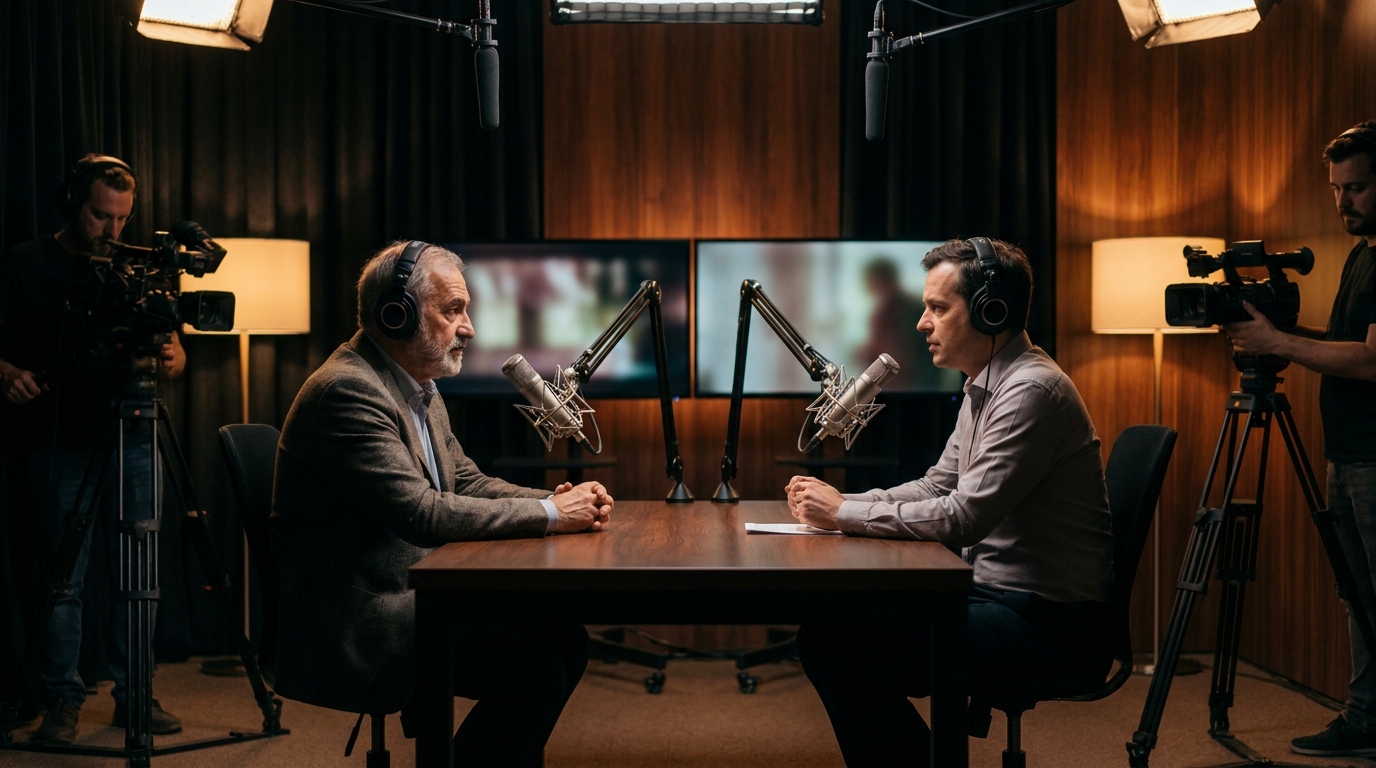 A distinguished surgeon being interviewed in a professional podcast studio with broadcast microphones and cameras