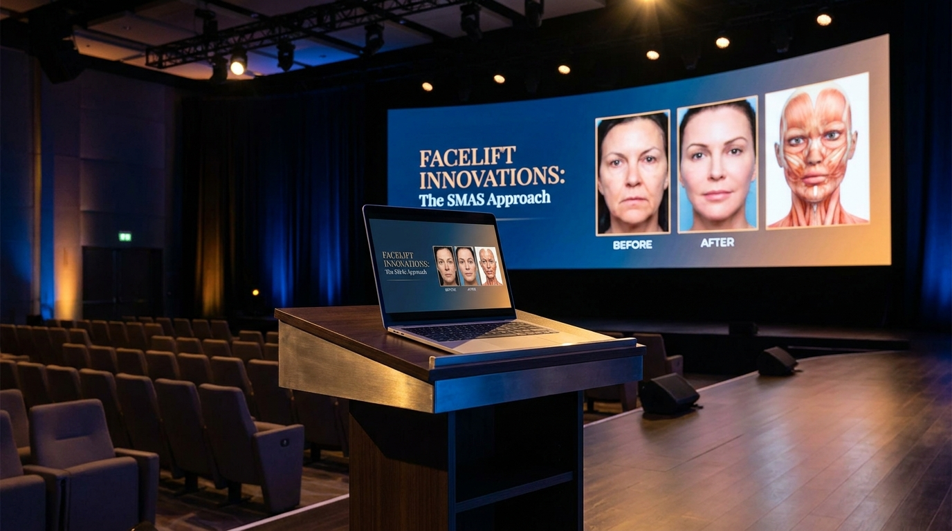 A conference stage podium with a laptop on top displaying a facelift presentation slide, mirrored on a large illuminated screen behind it