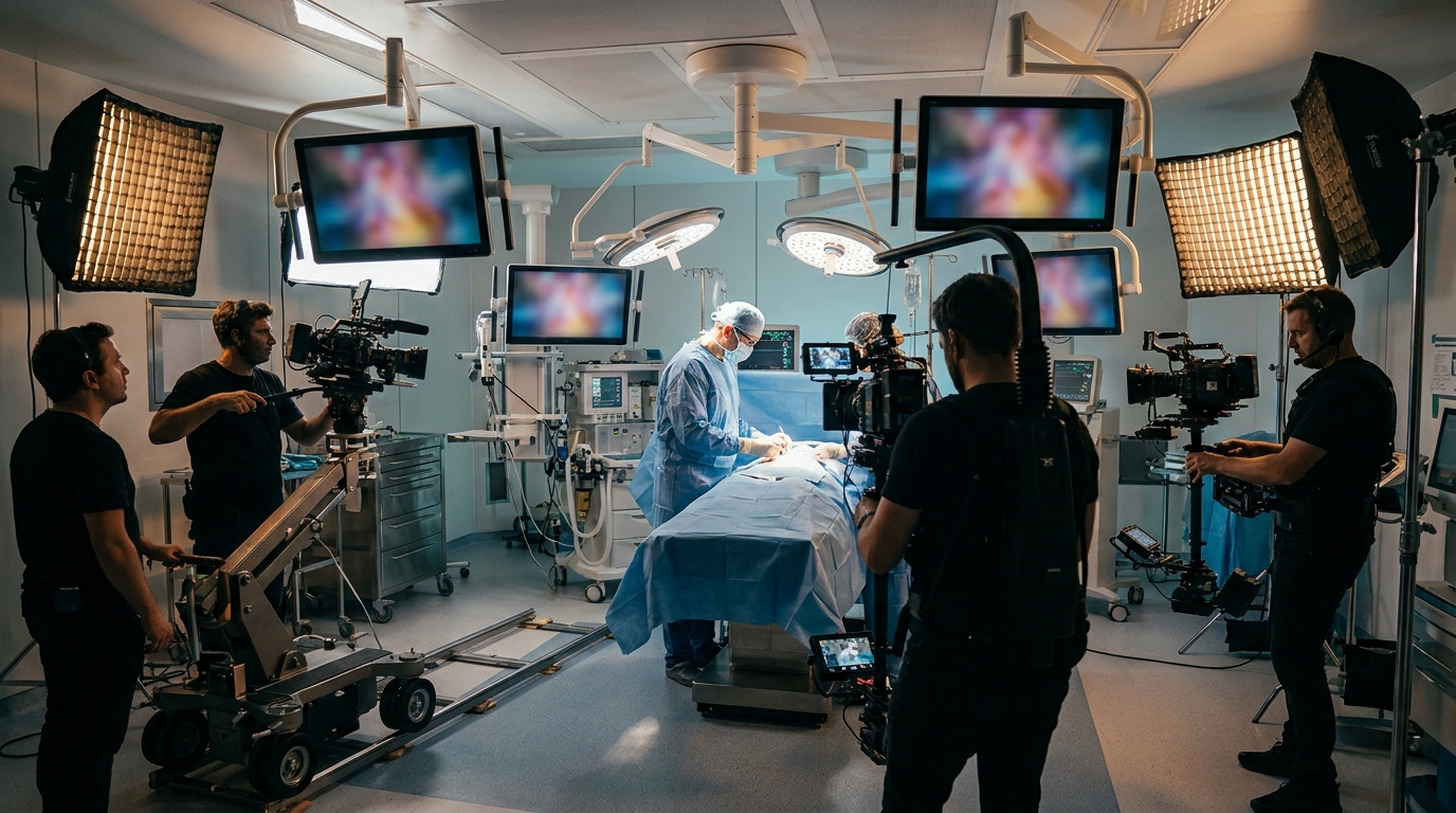 A modern operating room set up for surgical-video capture, cameras positioned around the OR table, monitors showing the surgical field