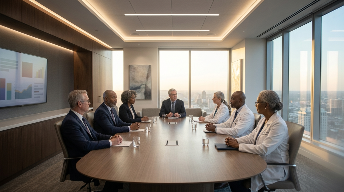 A polished hospital executive boardroom at golden hour with eight diverse senior executives and clinical leaders around an oval brushed-walnut table, a city skyline through floor-to-ceiling windows, the multi-stakeholder reality of enterprise decision-making