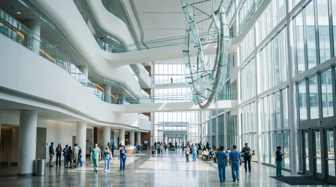 A soaring modern hospital atrium with floor-to-ceiling glass, curved white balconies, elevated walkways, patients and clinicians moving through, the scale that massive-scope SEO is built for