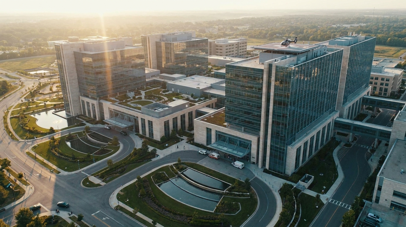 Aerial golden-hour shot of a sprawling modern hospital and medical-campus complex, multiple connected buildings, helipad, landscaped grounds, the scale that modular marketing systems are built for