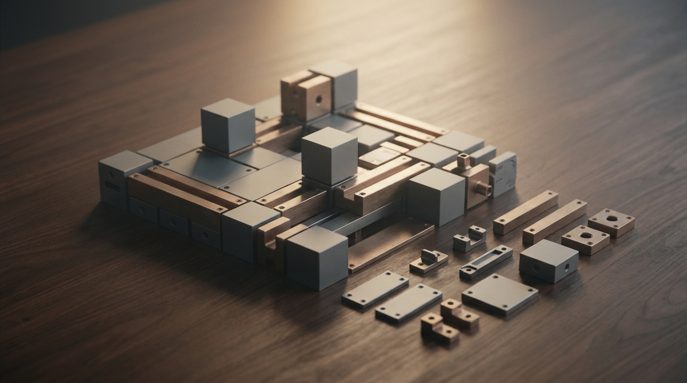 Precision-machined matte-grey and brushed-bronze geometric modules on a dark walnut table, partially assembled into a larger structure, visual metaphor for modular marketing architecture that scales