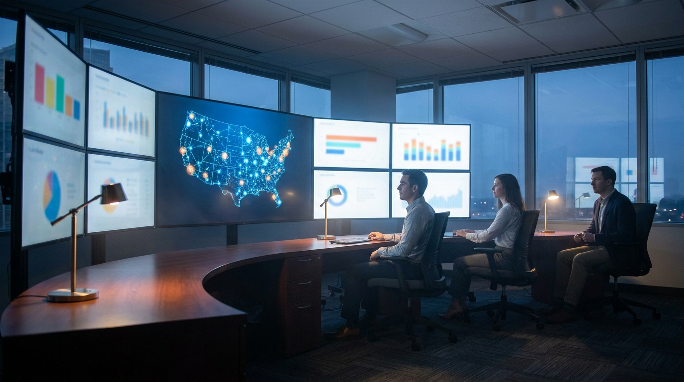 A modern marketing operations center at dusk, a long curved desk faces a wall of monitors, the central display showing a map of the United States with glowing nodes connected by faint lines, operations professionals at workstations