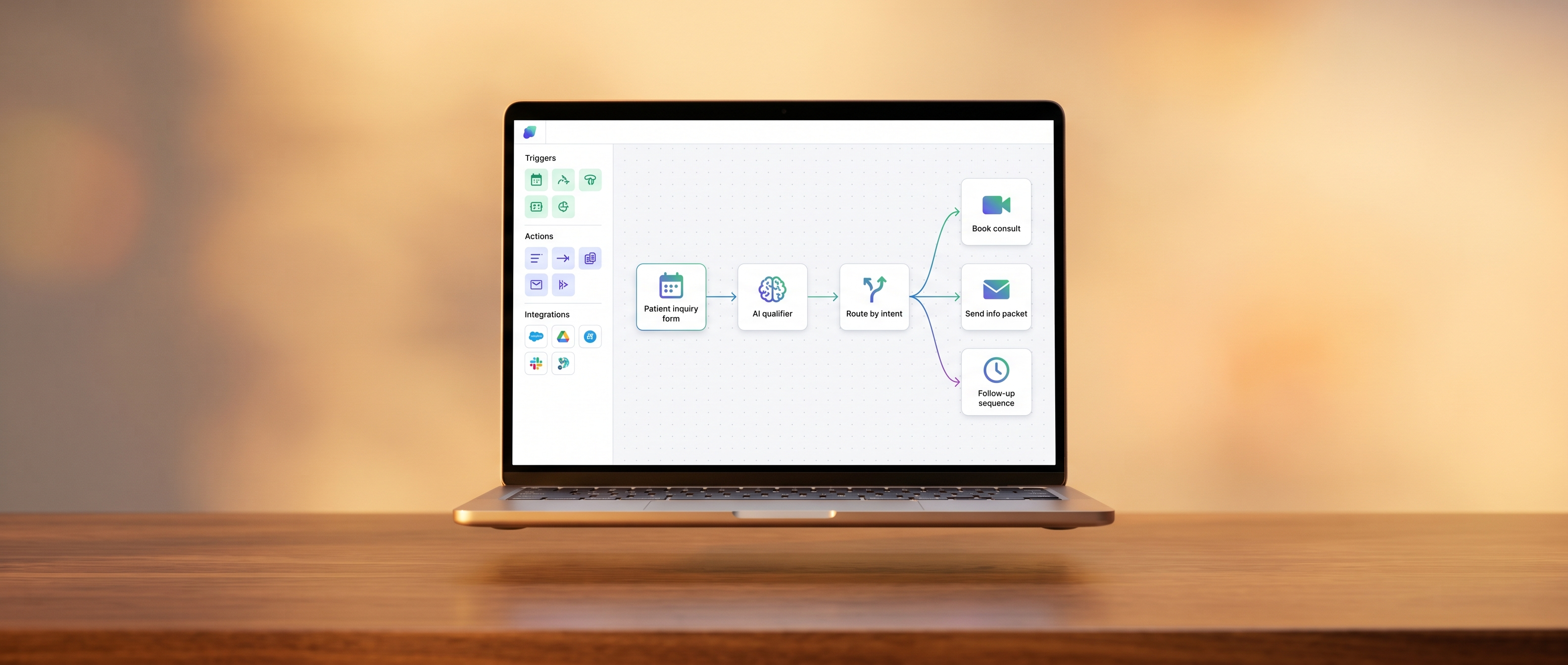 Laptop showing a visual automation workflow builder with patient-inquiry triggers flowing through an AI qualifier into routed booking, info-packet, and follow-up branches