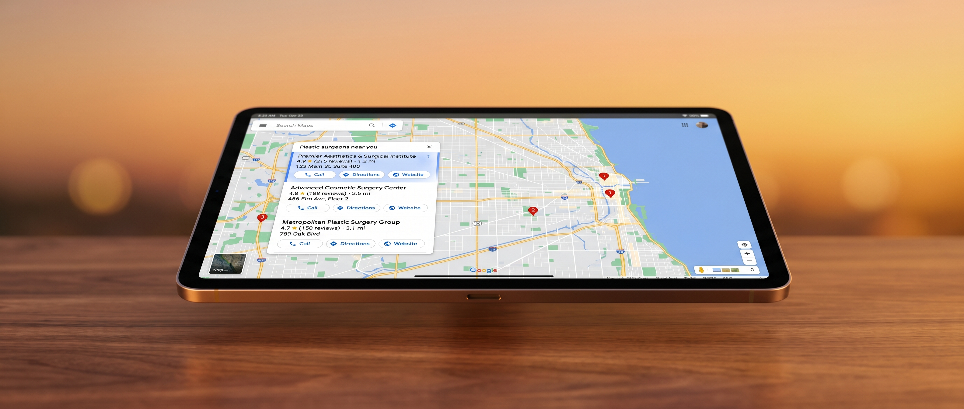 iPad showing a wide Google Maps view of a metropolitan area with a local 3-pack overlay and numbered red pin markers