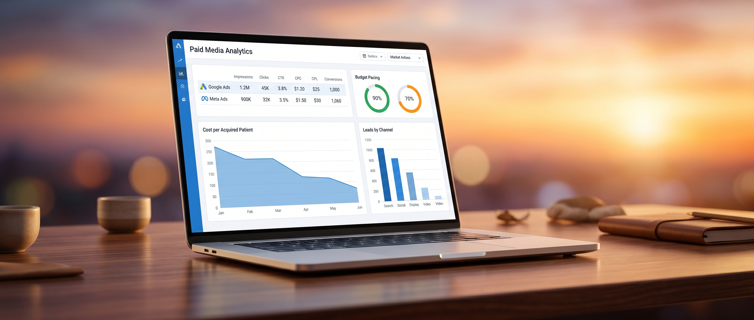 Laptop showing a paid-media performance dashboard with a campaign-level table, a cost-per-acquired-patient chart trending down, and leads-by-channel breakdown