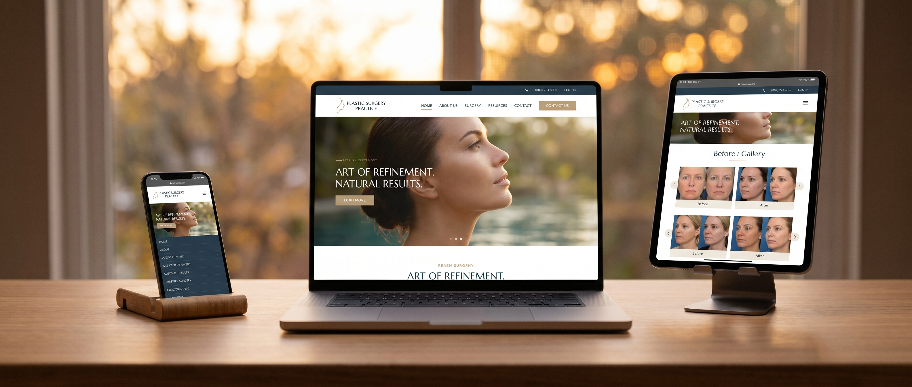 Multi-device responsive-design mockup on a walnut desk: a laptop, a tablet, and a phone all displaying the same polished plastic surgery practice website